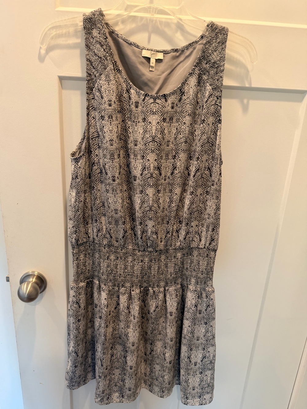 Joie Silk Dress M Gray Black Snakeskin Animal Print Smocked Waist